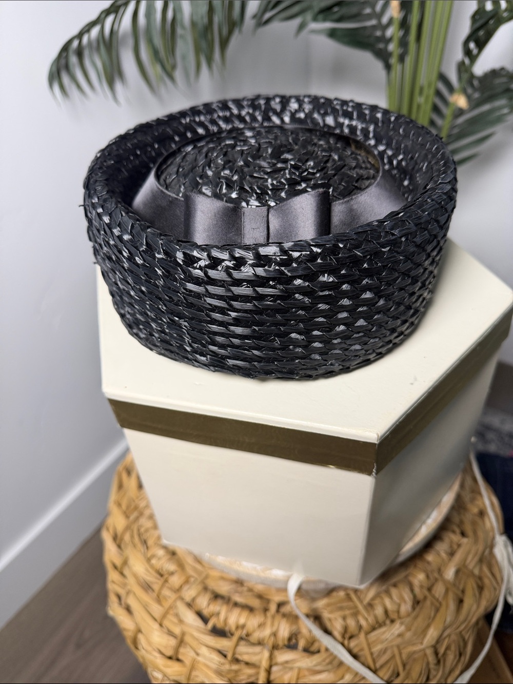 Vintage 50s 60s Black Woven Straw Pillbox Hat Cookie Jar Union Made Mid Century
